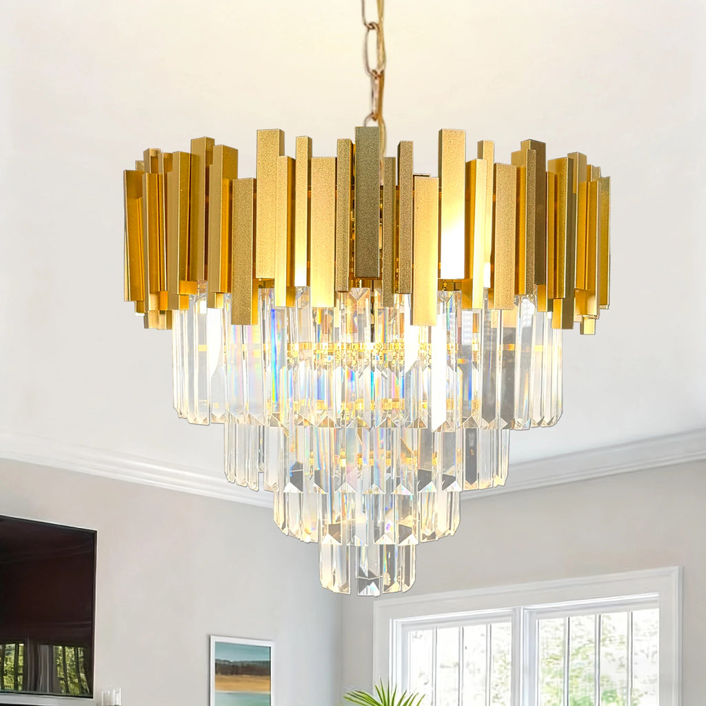 Lustre rond en cristal K9 doré 4 niveaux - Orlume