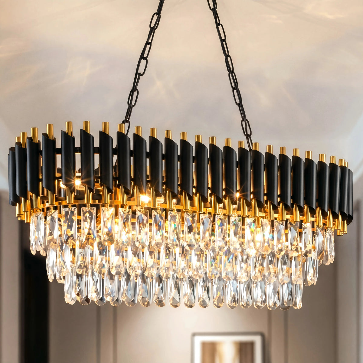 Lustre en cristal K9 noir et or 3 niveaux - Orlume