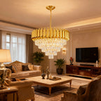 Lustre rond en cristal K9 doré 5 niveaux 60 cm - Orlume