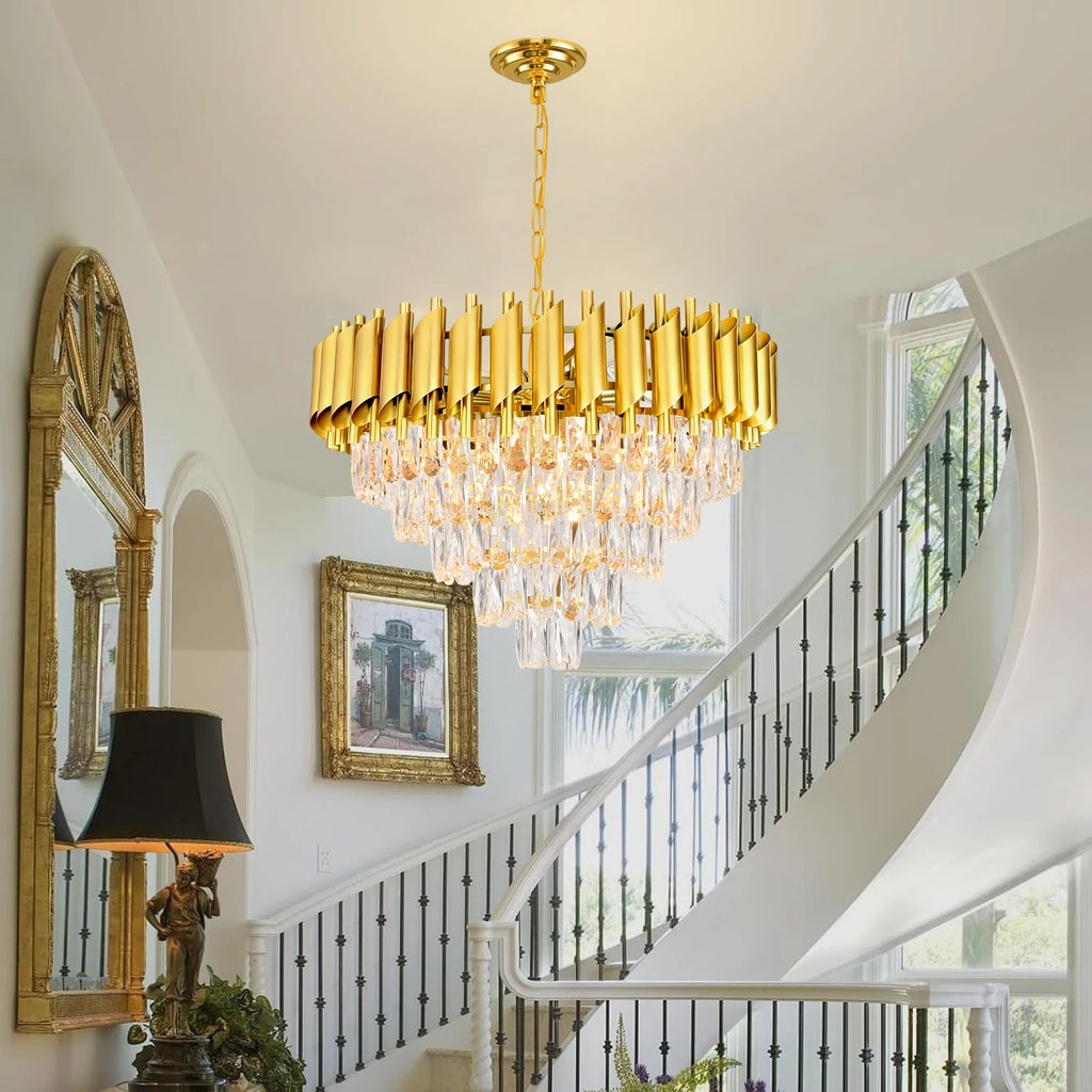 Lustre rond en cristal K9 doré 5 niveaux 60 cm - Orlume