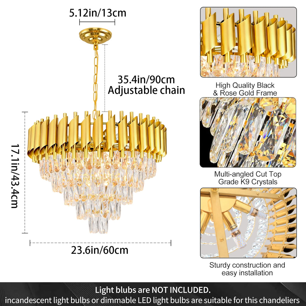 Lustre rond en cristal K9 doré 5 niveaux 60 cm - Orlume
