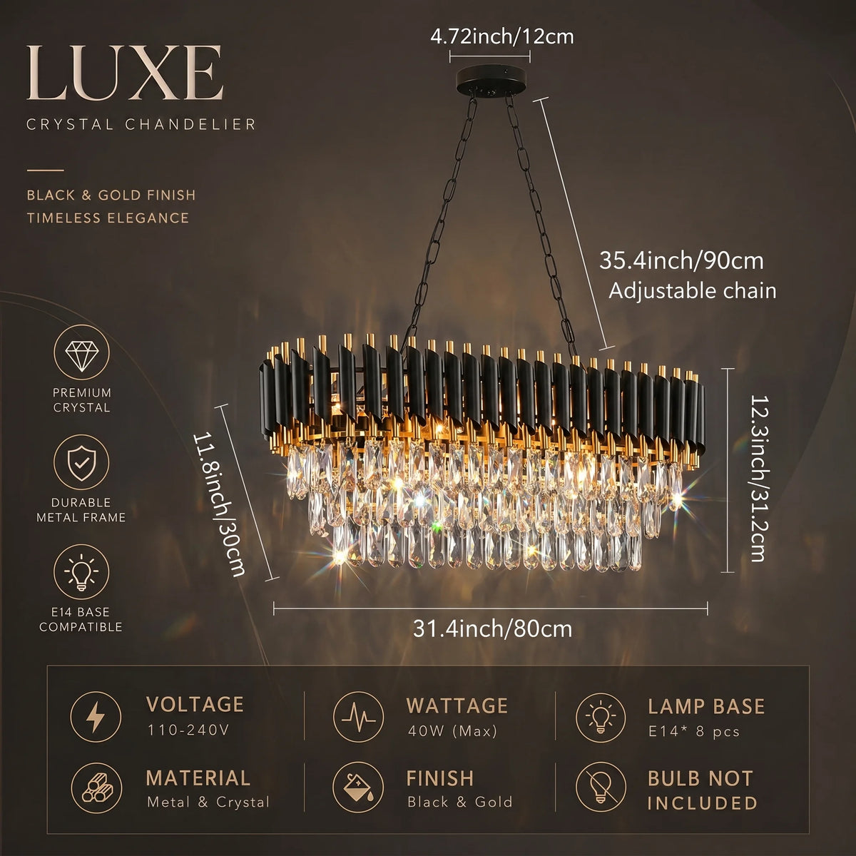 Lustre en cristal K9 noir et or 3 niveaux - Orlume