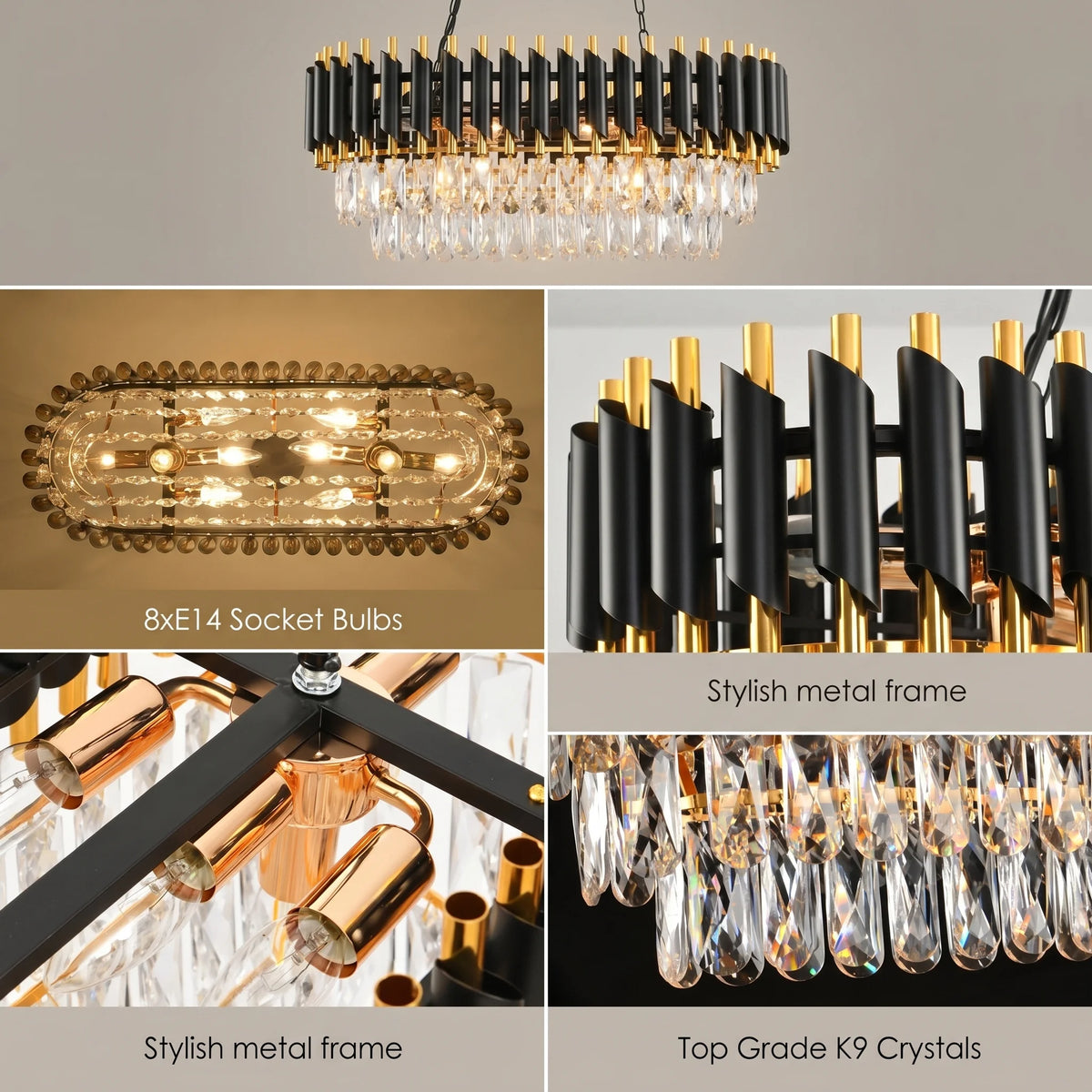 Lustre en cristal K9 noir et or 3 niveaux - Orlume