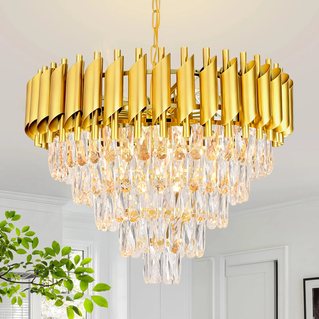 Lustre rond en cristal K9 doré 5 niveaux 60 cm - Orlume