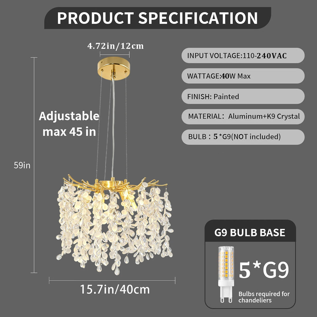 Suspension à étages en cristal K9 doré 40 cm - Orlume