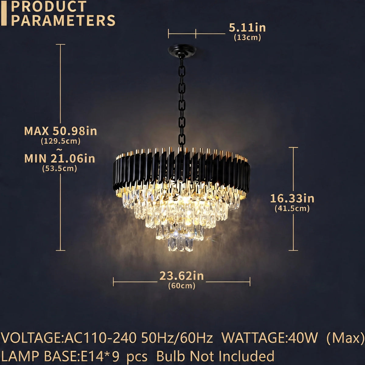 Lustre rond en cristal K9 noir et or 5 niveaux - Orlume