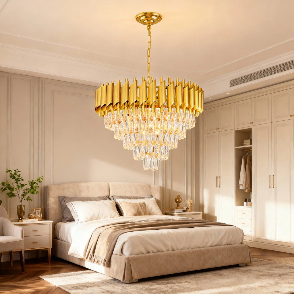 Lustre rond en cristal K9 doré 5 niveaux 60 cm - Orlume