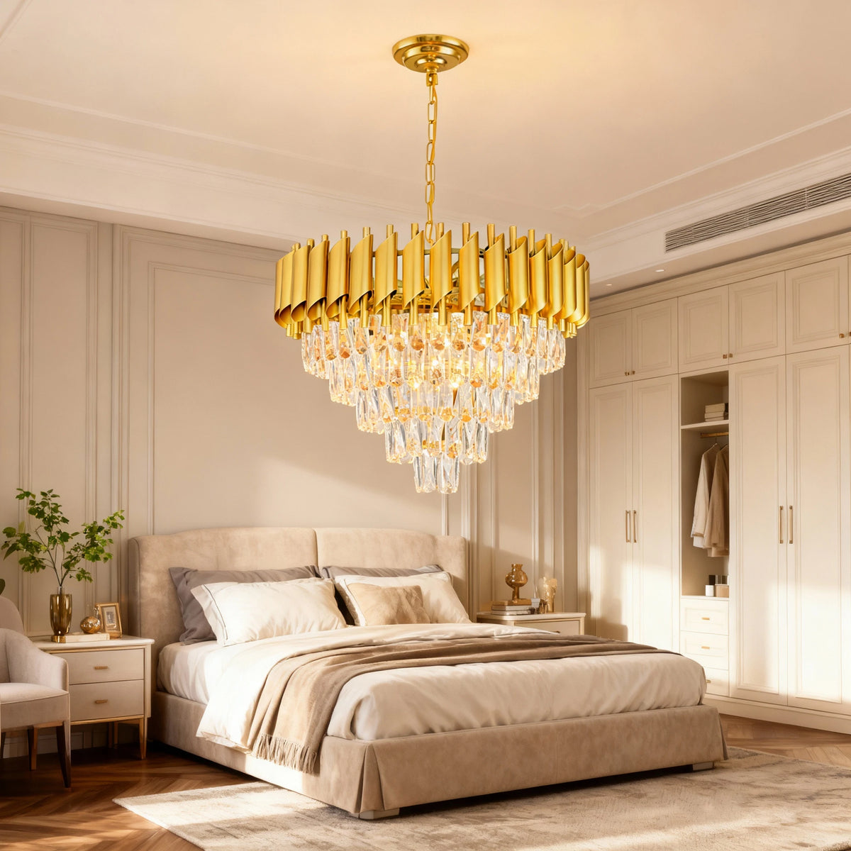 Lustre rond en cristal K9 doré 5 niveaux 60 cm - Orlume