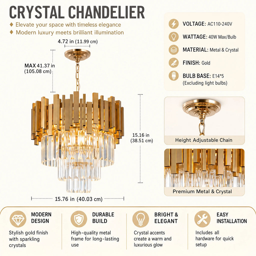 Lustre rond en cristal K9 doré 3 niveaux - Orlume