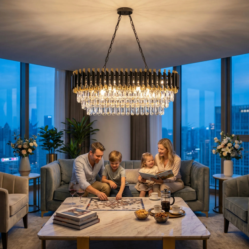 Lustre en cristal K9 noir et or 3 niveaux - Orlume