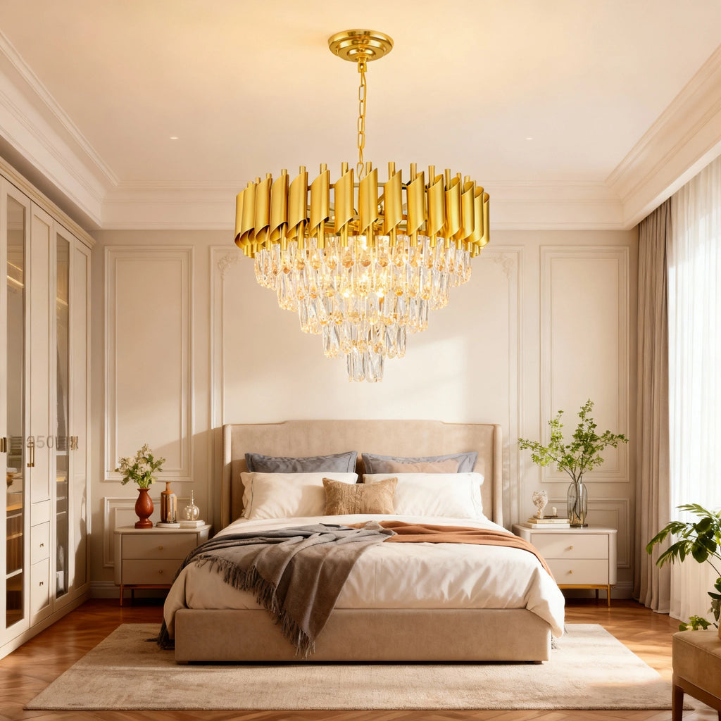 Lustre rond en cristal K9 doré 5 niveaux 60 cm - Orlume