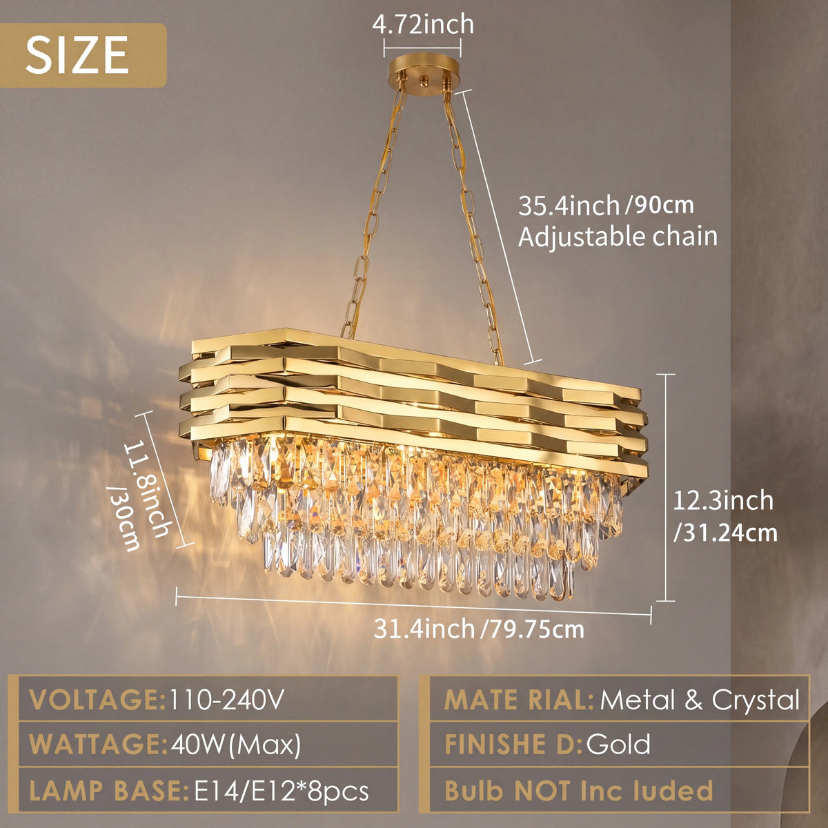Lustre rectangulaire en cristal K9 doré de luxe - Orlume