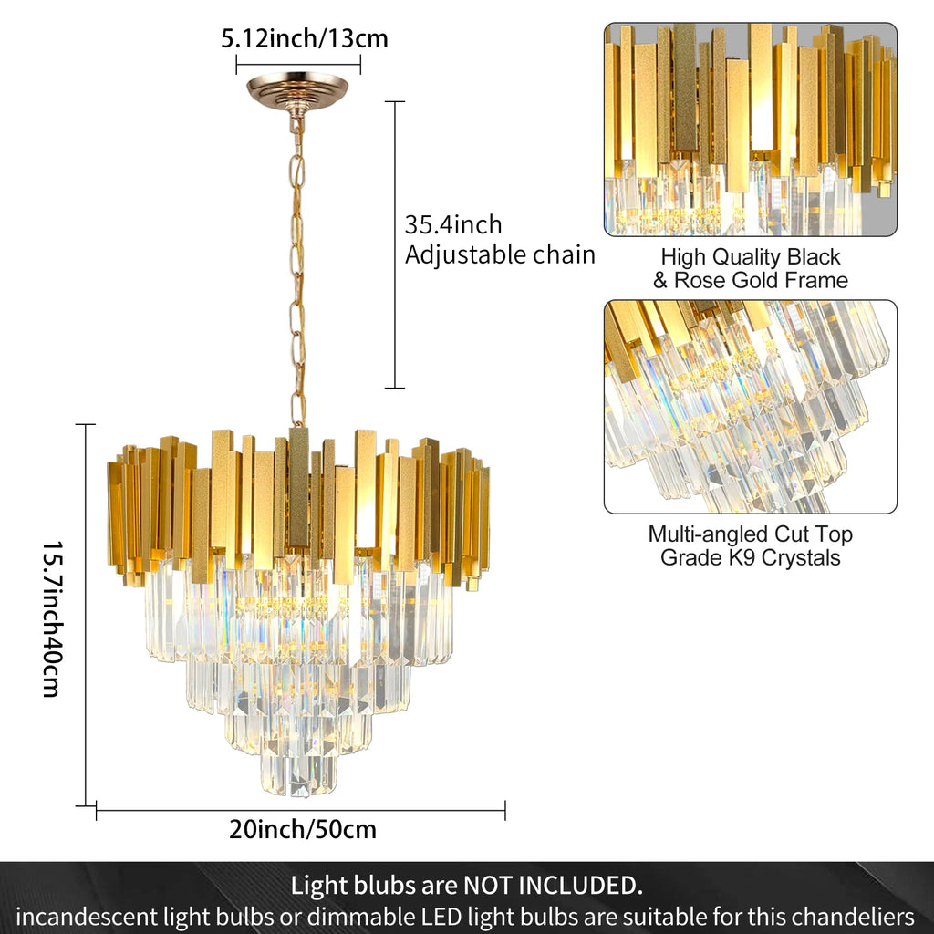 Lustre rond en cristal K9 doré 4 niveaux - Orlume