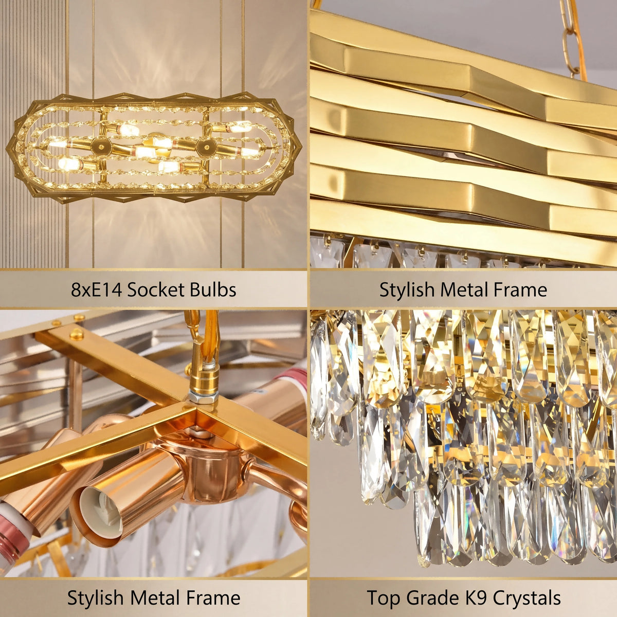 Lustre rectangulaire en cristal K9 doré de luxe - Orlume