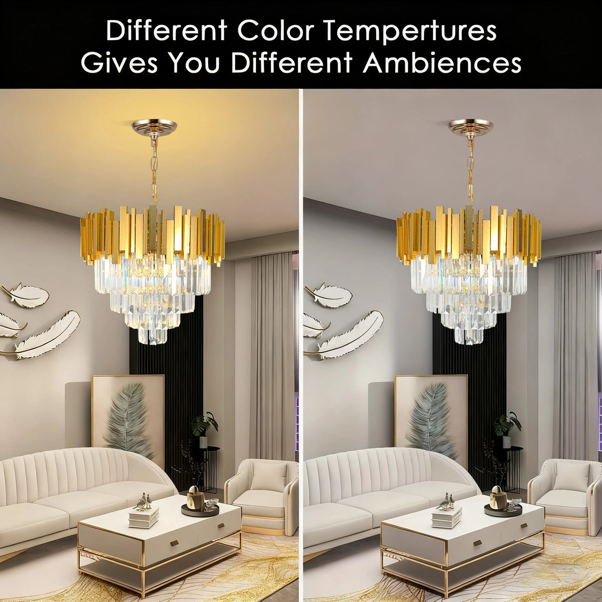Lustre rond en cristal K9 doré 4 niveaux - Orlume
