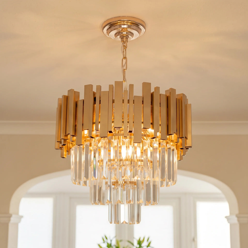 Lustre rond en cristal K9 doré 3 niveaux - Orlume