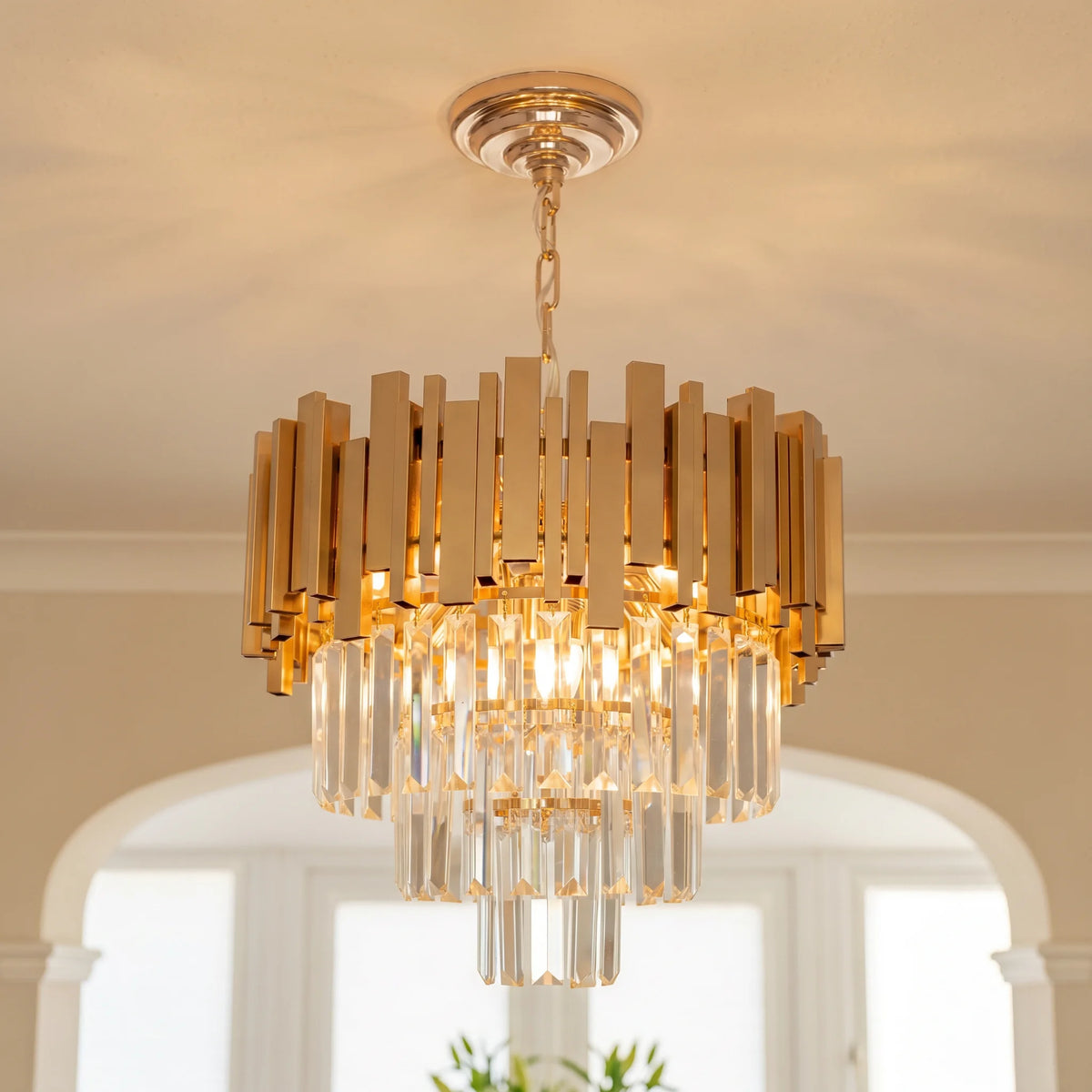 Lustre rond en cristal K9 doré 3 niveaux - Orlume
