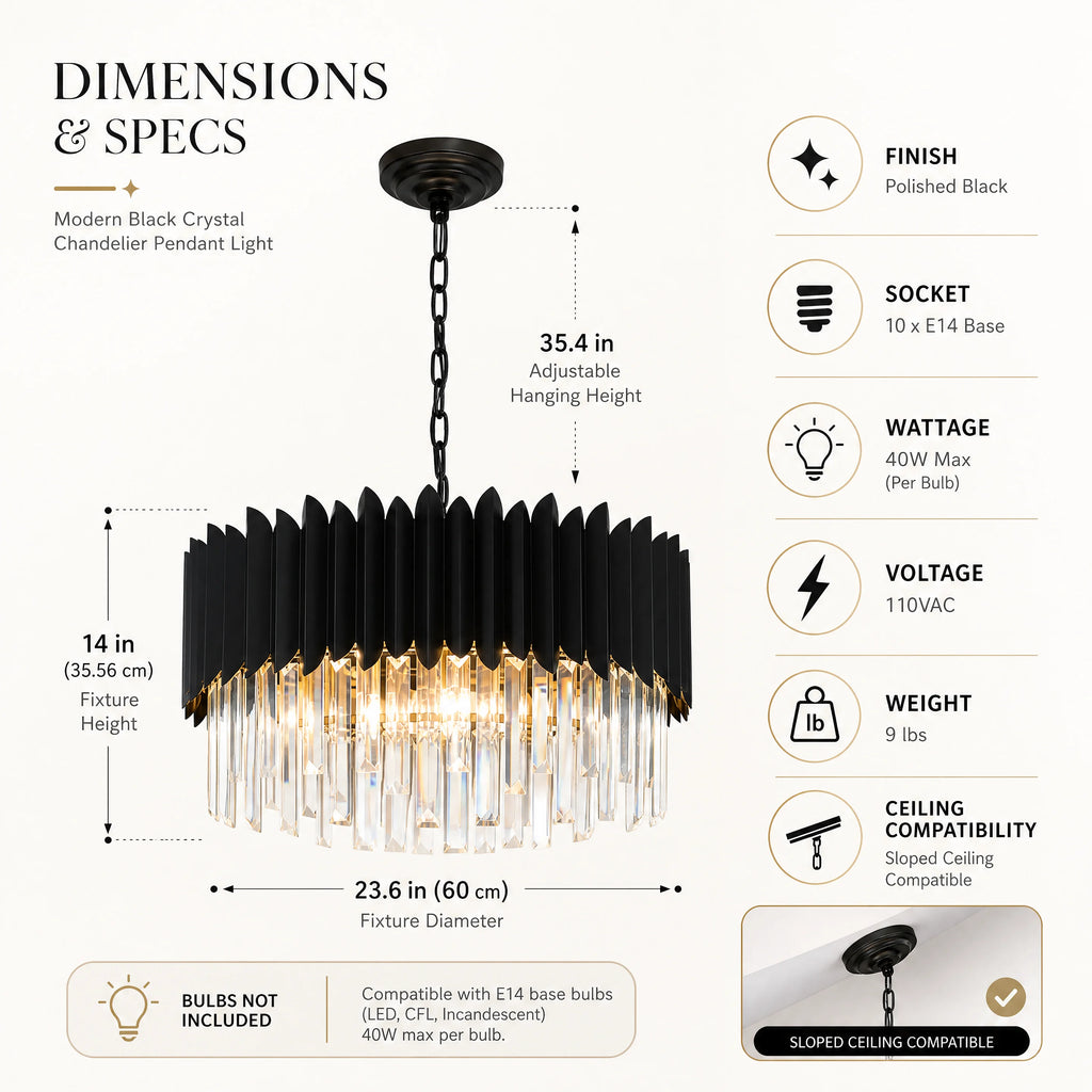 Suspension ronde en cristal K9 noir - Orlume