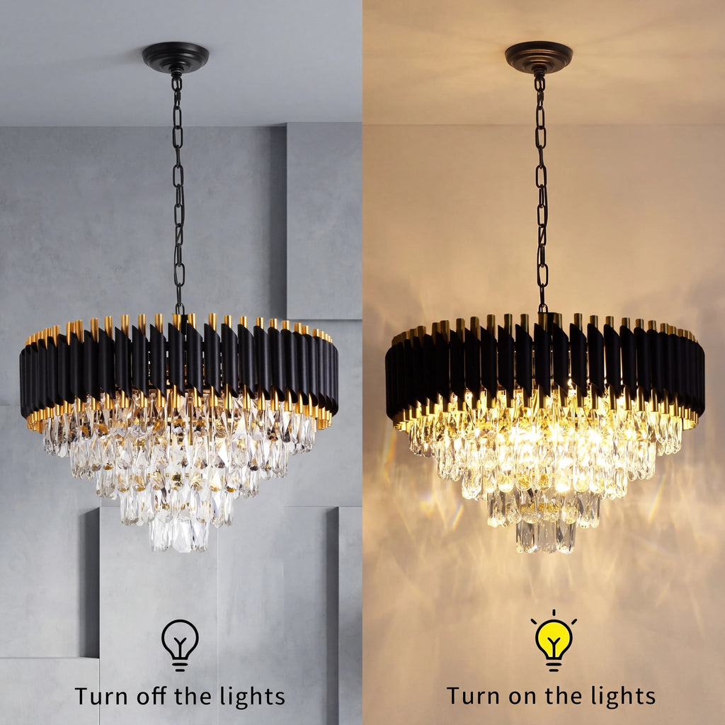 Lustre rond en cristal K9 noir et or 5 niveaux - Orlume