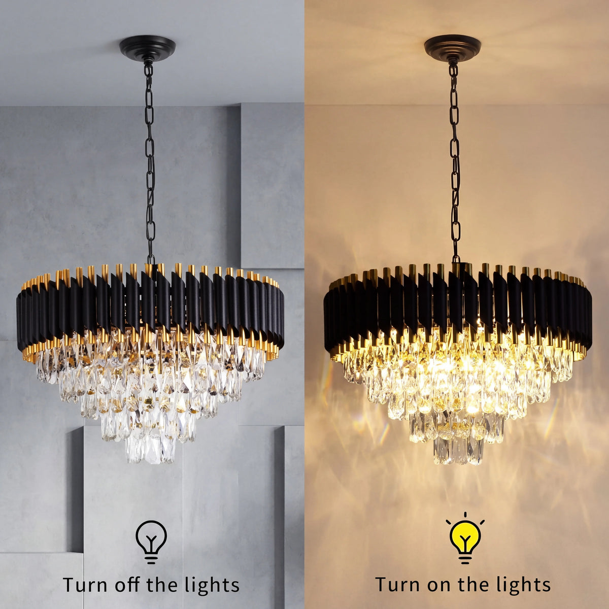 Lustre rond en cristal K9 noir et or 5 niveaux - Orlume