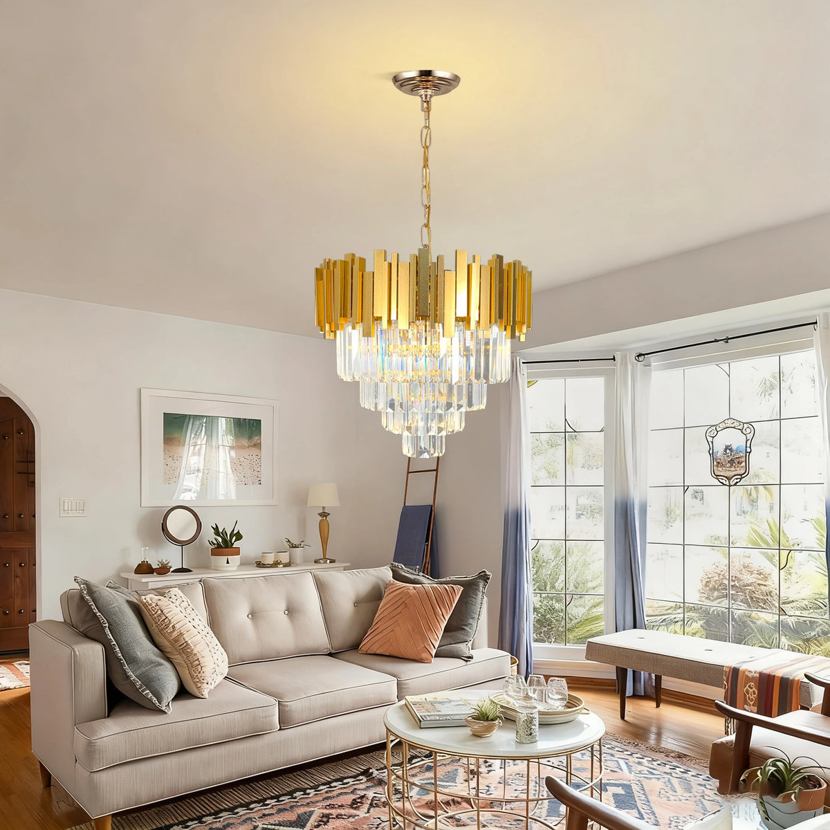 Lustre rond en cristal K9 doré 4 niveaux - Orlume